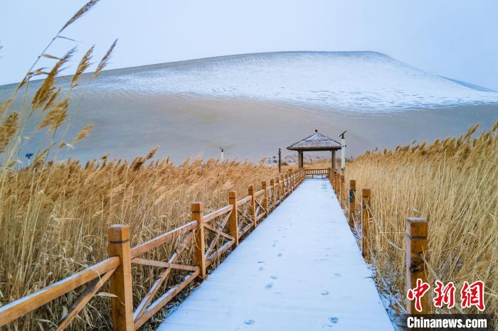2021年11月28日，在敦煌鳴沙山月牙泉景區(qū)，沙雪交融，更顯北國風情?！⊥醣筱y 攝