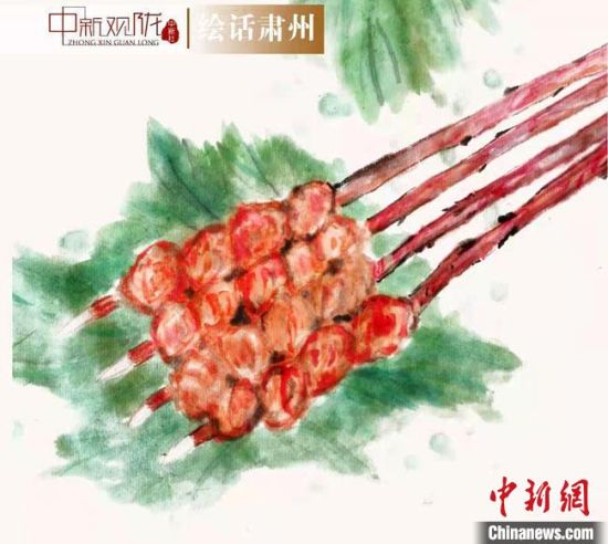 圖為酒泉美食“紅柳烤肉”繪畫作品?！《排d彥 攝