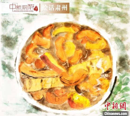 圖為酒泉美食“糊鍋”繪畫作品?！《排d彥 攝